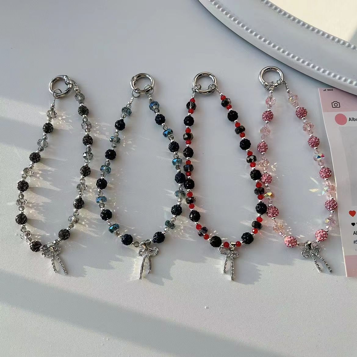 Colgante de moda, lazo de diamantes, cadena de teléfono móvil de diamantes de imitación, cordón de muñeca, bolso de colgante anti-pérdida hecho a mano, alto valor