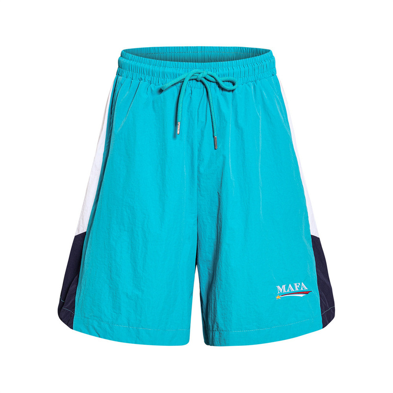 Color-Blocked Casual Mid-Length Shorts for Men, Summer Vibe Trendy Brand Motorcycle Racing Drawstring Sports Loose Shorts