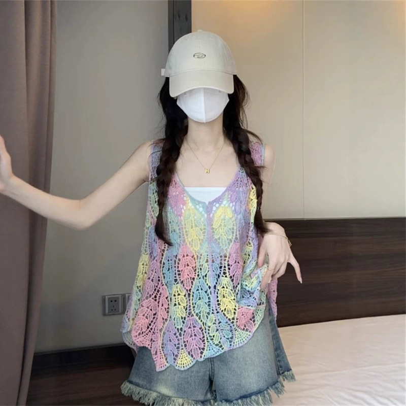Summer Bohemian Retro Crochet Hollow-Out Knit Colorful Gradient Design Sleeveless Vest Blouse Top for Women