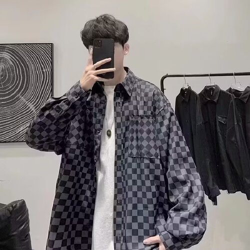 Men's Long-Sleeve Casual Button-Down Shirt with Chessboard Pattern for 2024 Spring, Offering a High-End Style - Youthful Solid Color Top for Layering Over a Blouse or Jacket