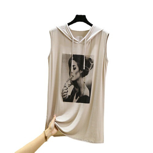 Women's Spring and Summer Viscose Print Open-Front Hooded Loose-Fitting Slimming Camisole Top for Plus Size