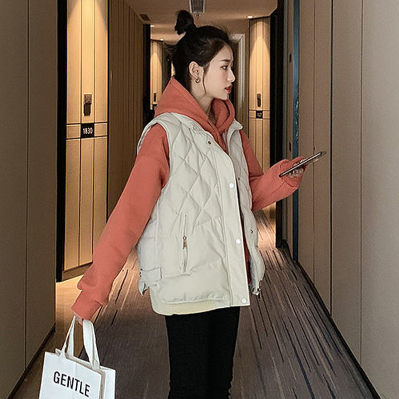 Estilo coreano de las mujeres jóvenes abajo Chaleco de algodón chaleco 2023 Otoño e Invierno suelta collar rombo diseño chaleco casual moda image 4
