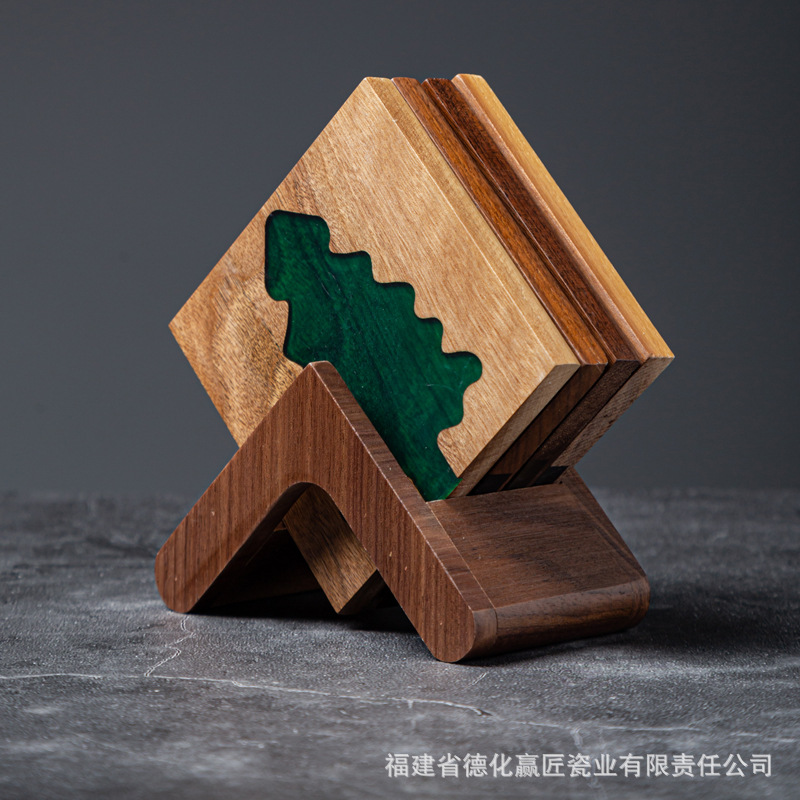 Resina transfronteriza almohadilla de taza de río piedra árbol de Navidad madera sólida empalme epoxi simple transparente almohadilla de taza de té cuadrada
