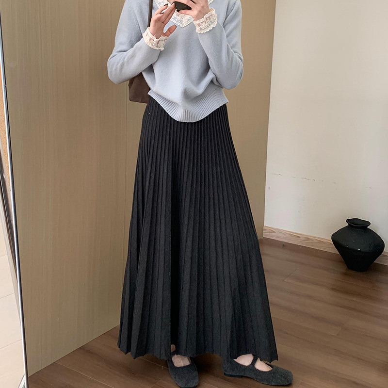 秋冬季日韩新款高腰显瘦针织百褶半身裙韩版百搭休闲淑女风伞裙|undefined