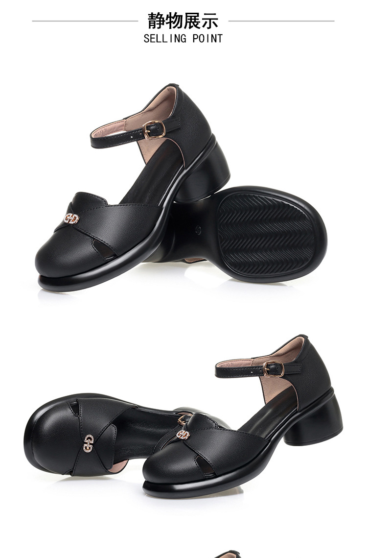 Sandal cao gót nữ quai ngang da bò thật, gót vuông ổn định, đế dày phong cách La Mã — Đen【Da bò lớp đầu】 chi tiết 16