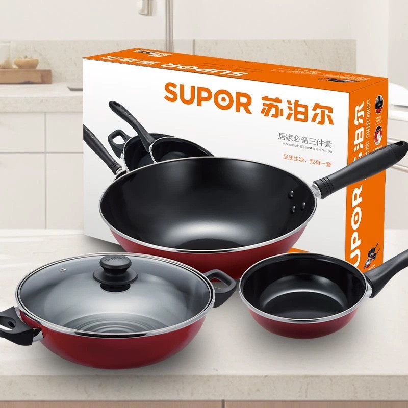 Genuine Supor Pot Set Non-Stick Pot Household Three-Piece Kitchen Frying Pan Wok Full Set Gas Special