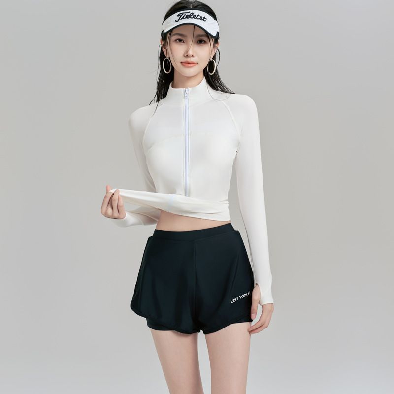 Summer Sun Protection and Uv Protection Long-Sleeved Wetsuit for Women Split Two-Piece Sports Swimsuit Contrasting Color Slimming Look Surfing Suit