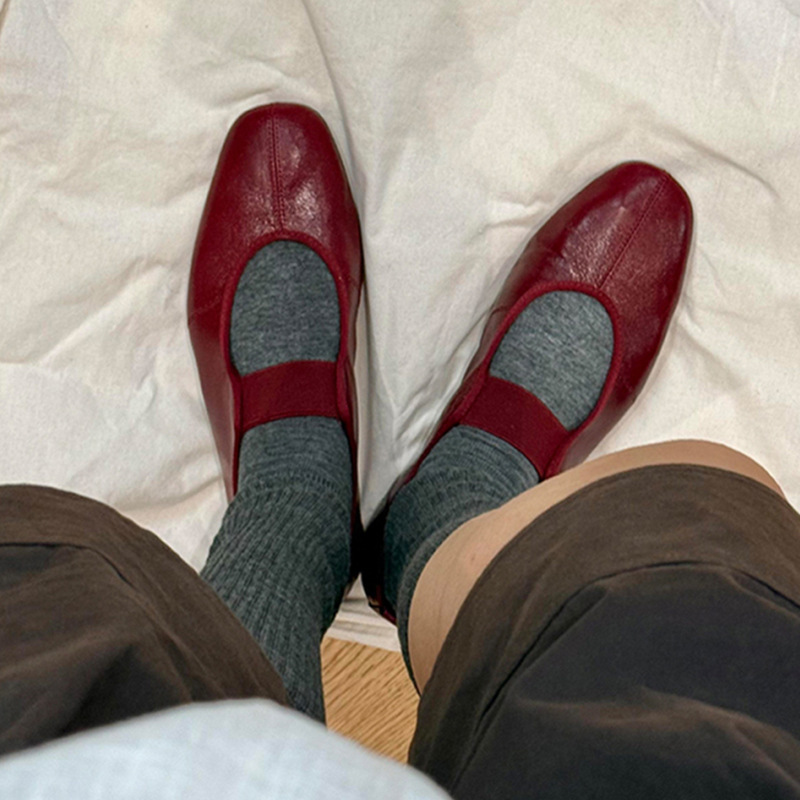 Sheepskin Version ~ Niche New Korean Style Red Genuine Leather Ballet Mary Jane Women's Shoes Elastic Band Flats Women's Flats