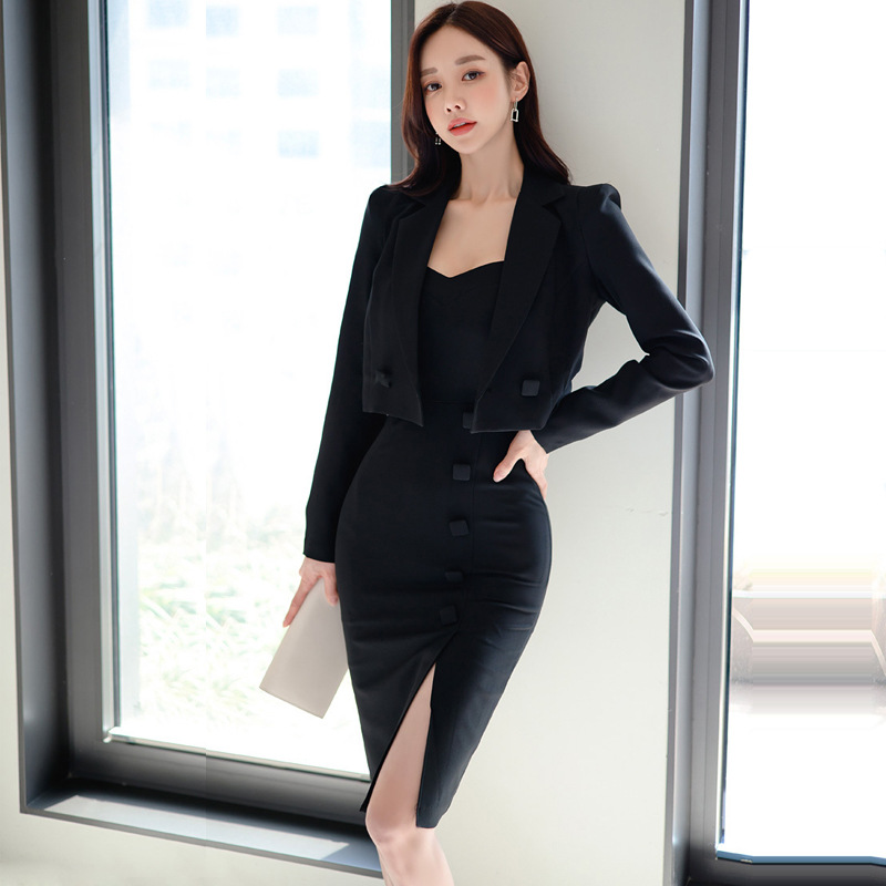 外贸女装新款两件套2022夏装韩版气质小西装修身包臀吊带裙职业套