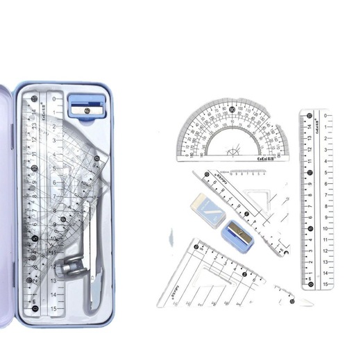 Four-piece set of rulers, compass and ruler set, stationery supplies, garden rules, elementary school students' pen clips, boxed drawing tools, 9 pieces