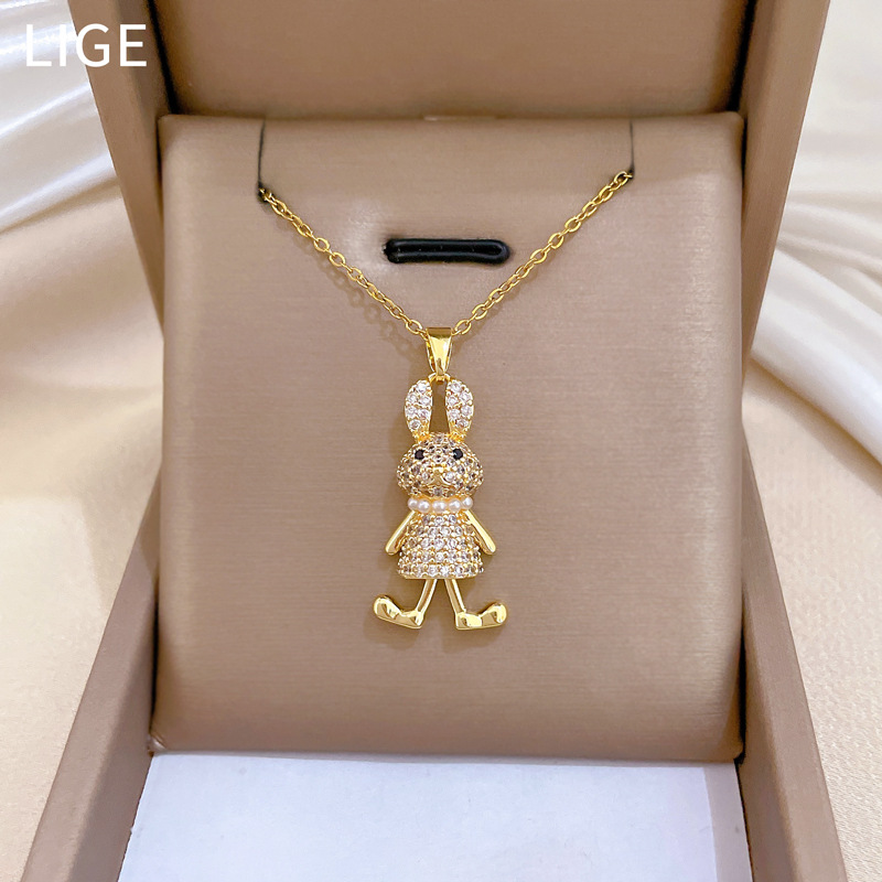 Luxurious Titanium Steel Pearl Rabbit Necklace With Full Diamond_voghion.com