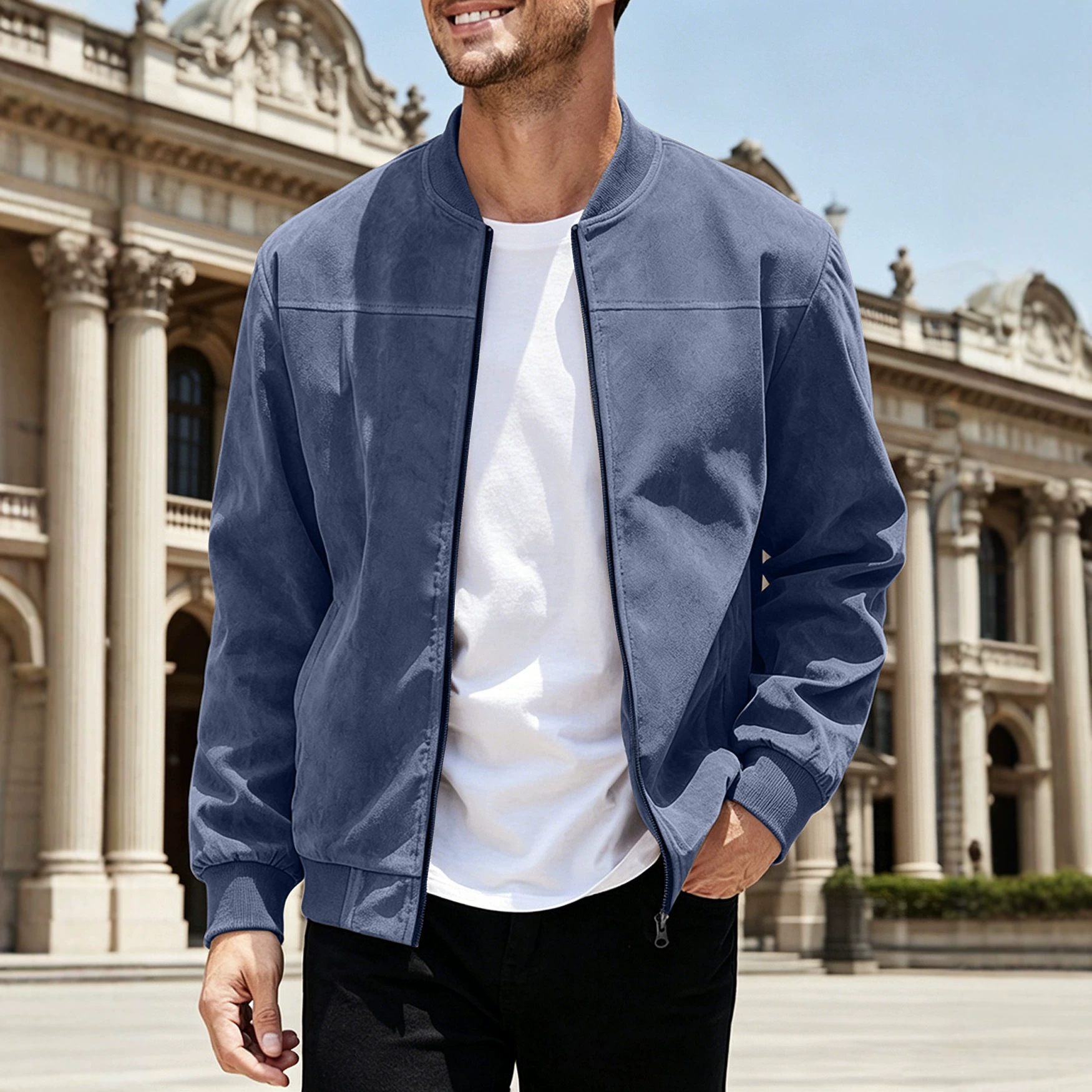 Transfronterizo nuevo Amazon gamuz hombre chaqueta de vuelo con cremallera europea y americana diseño de empalme de color sólido chaqueta simple
