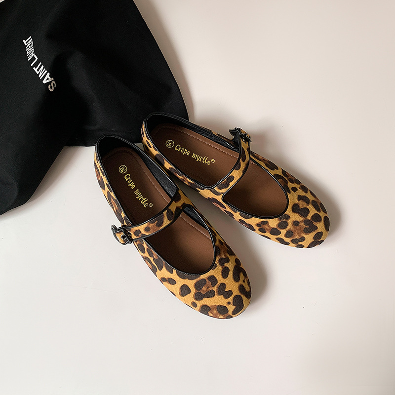 2025 Spring New Style Round Toe Straight Leopard Print Buckle Flat Mary Jane Ballet Shoes Women's Granny Shoes