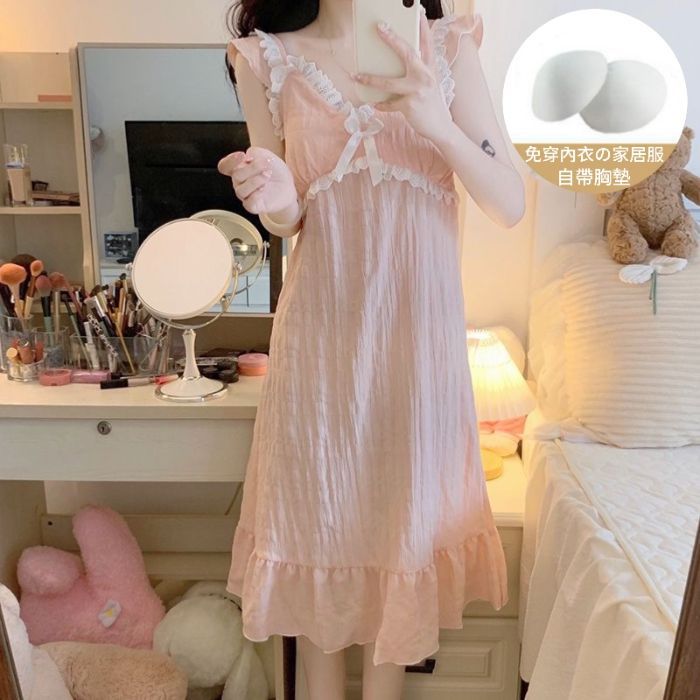 Camisón con almohadilla para el pecho falda de tirantes para mujer de verano nube algodón fino encaje dulce pijama de longitud media color sólido transfronterizo