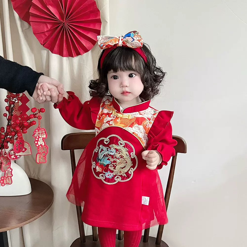 2025春季女宝宝喜庆连衣裙3928婴儿周岁满月春秋唐装新年拜年裙子