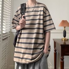 夏季美式复古衫纯棉条纹短袖休闲宽松T恤男款潮休闲百搭上衣服装