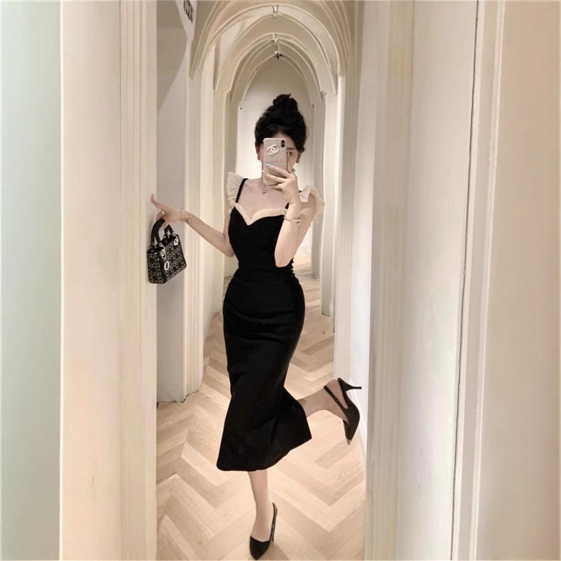 French Style Small Black Dress New Fashion Pure Ear Sexy Hip Split dress Birthday Party Dress
