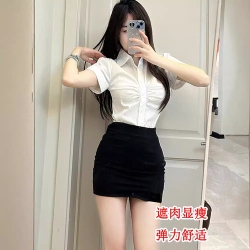 Large size professional women's skirt suit summer sexy pure slim shirt high waist slim hip short skirt two-piece set