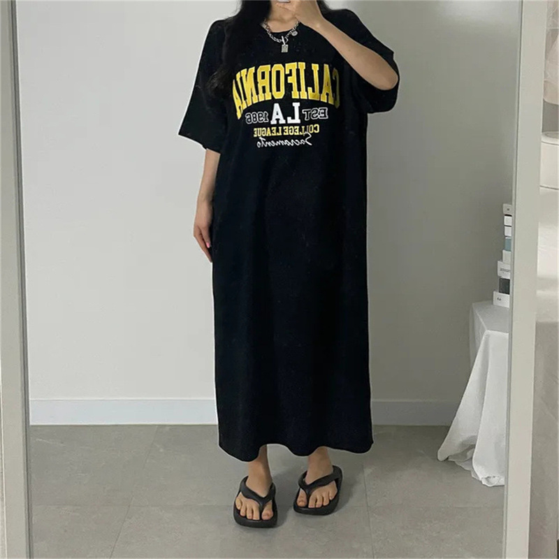 Black South Korea dress chubby girl Over-the-Knee T-Shirt Long Skirt Women's Nightdress Summer Korean Style Cartoon plus size Women's Casual Clothing