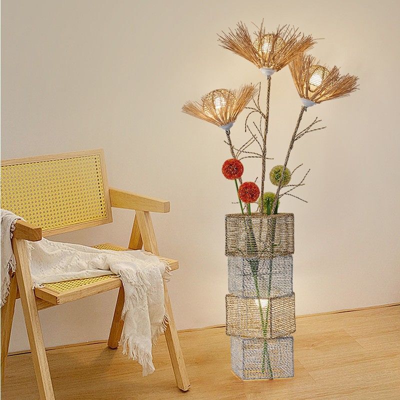 Rattan Floor Lamp Nordic Simple Ins Living Room Bedroom Balcony Bedside Internet Celebrity B&B Decorative Woven Floor Lamp