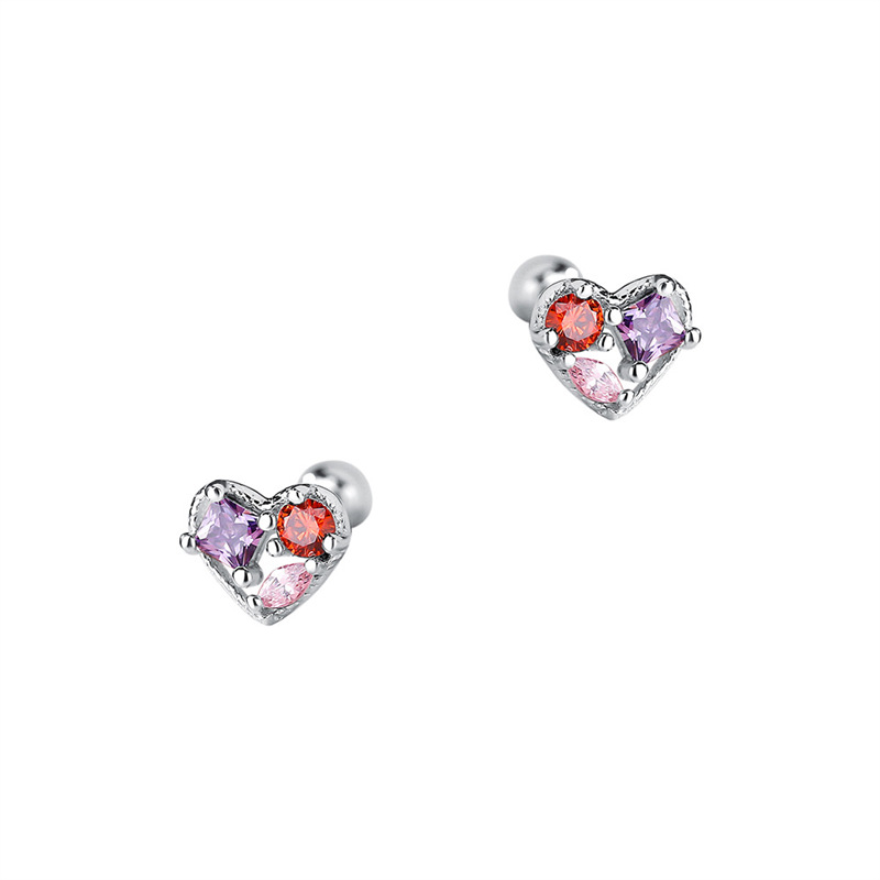S999 Silver Zircon Heart Stud Earrings Simple Sweet Versatile_voghion.com