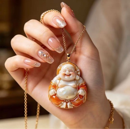 Deep red Buddha amulet pendant, golden and jade filled with auspiciousness, Maitreya Buddha light luxury necklace, a gift for family to bring constant joy