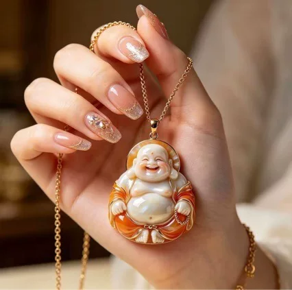 Deep red Buddha amulet pendant, golden and jade filled with auspiciousness, Maitreya Buddha light luxury necklace, a gift for family to bring constant joy