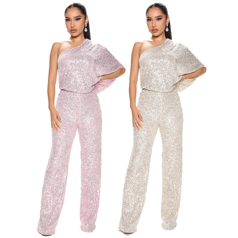 solid color sleeveless slant-shoulder sequin jumpsuit NSDLY136601