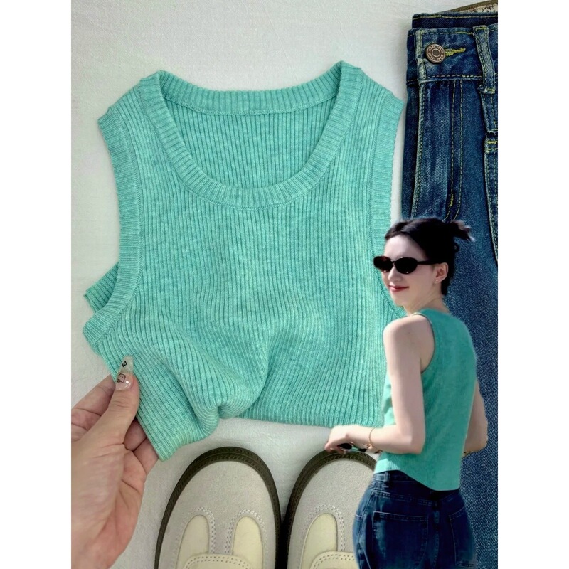 Mint Green Knit Tank Top for Women, Summer Outerwear, Covers Side Breasts, Inner Layering Shirt, Sweet and Spicy Style, Sleeveless Camisole