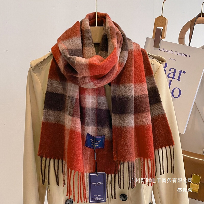 Factory Direct Sales Classic Wool Plaid Red Scarf for Men and Women, Autumn and Winter Warm
