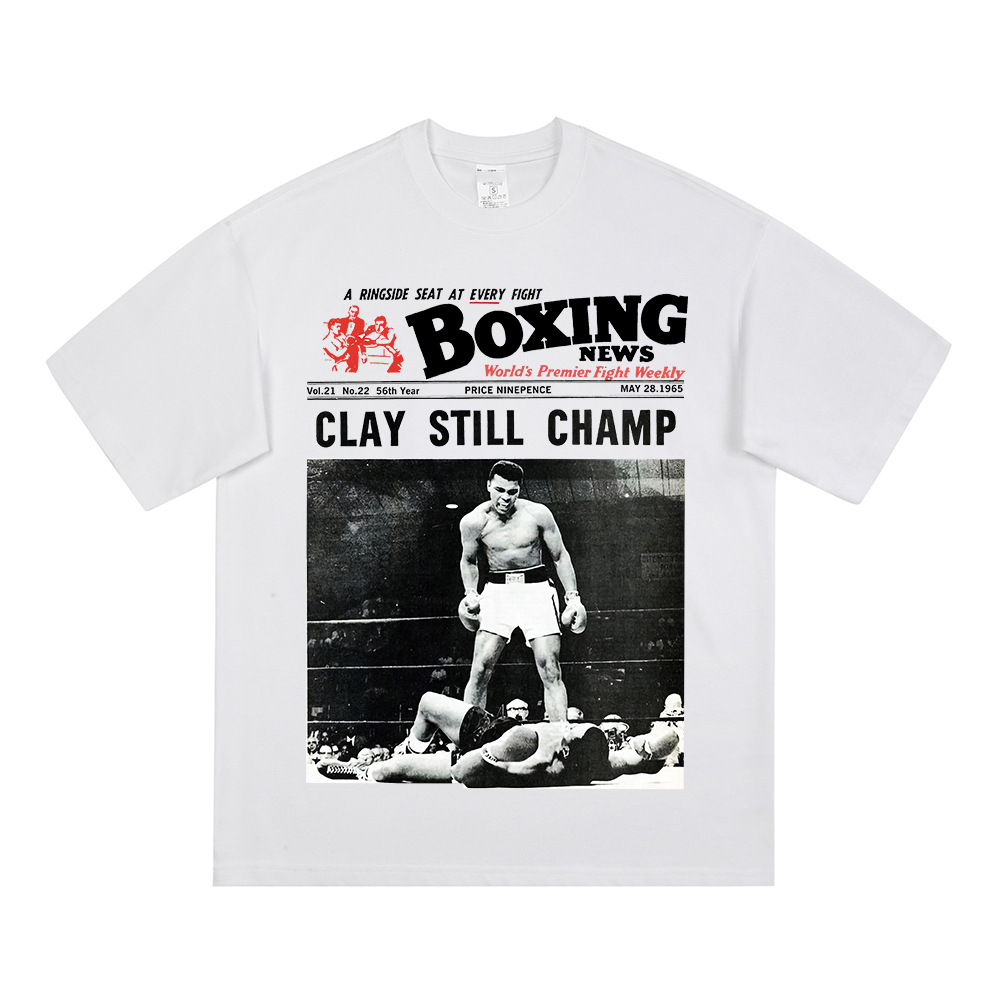 Boxeador Ali Vintage impresión digital de estilo callejero camiseta pesada de cuello pequeño americano mangas cortas