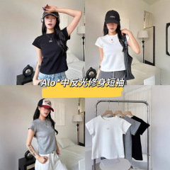 Alo 夏レタープリント反射半袖レディース通気性スポーツカジュアル多用途スリムフィットラウンドネックトップ Tシャツ