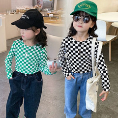 春秋女童裝長袖T恤寶寶洋氣兒童個性潮牌韓版棋盤格子拼色打底衫