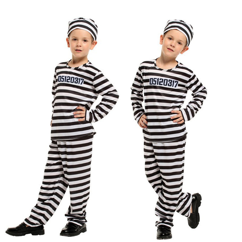 Halloween Kidsren's Cospla Prisoner Costume Black and White Stripesd Prison Uniform Role-Playing Boy Prison Costume