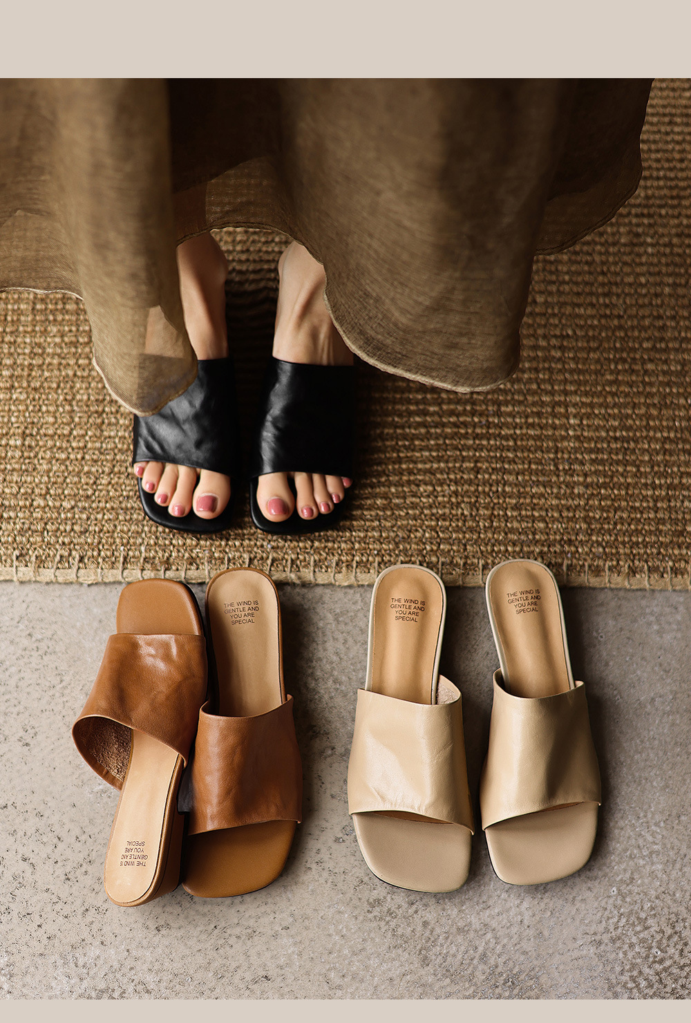 Dép sandal nữ quai chữ V mũi vuông da bò gót thấp — đen chi tiết 1