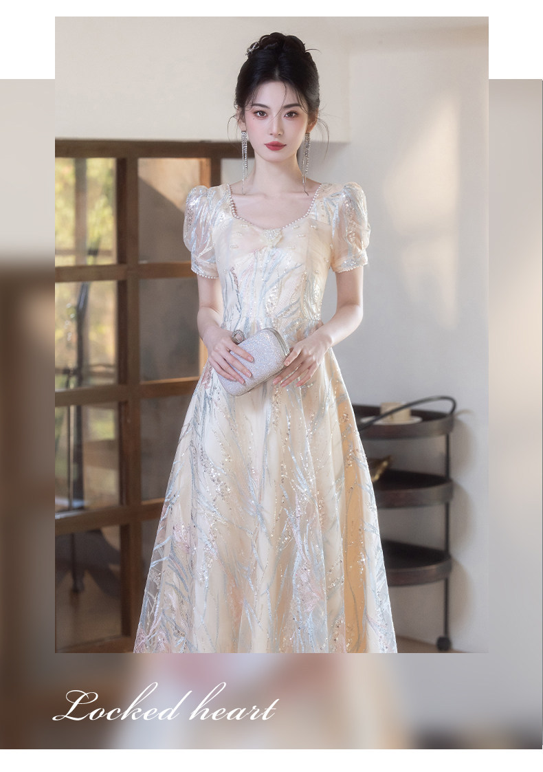 Đầm maxi nữ thắt eo phong cách Pháp, thiết kế dáng dài sang trọng, tay dài, cổ chữ V, chất liệu cao cấp — Màu champagne chi tiết 8