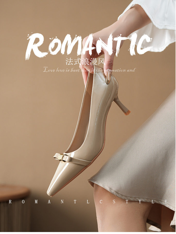 Giày cao gót nữ mũi nhọn gót mảnh 6–8 cm trang trí nơ, da bóng — Màu kaki, Màu trắng ngà, màu đen chi tiết 2
