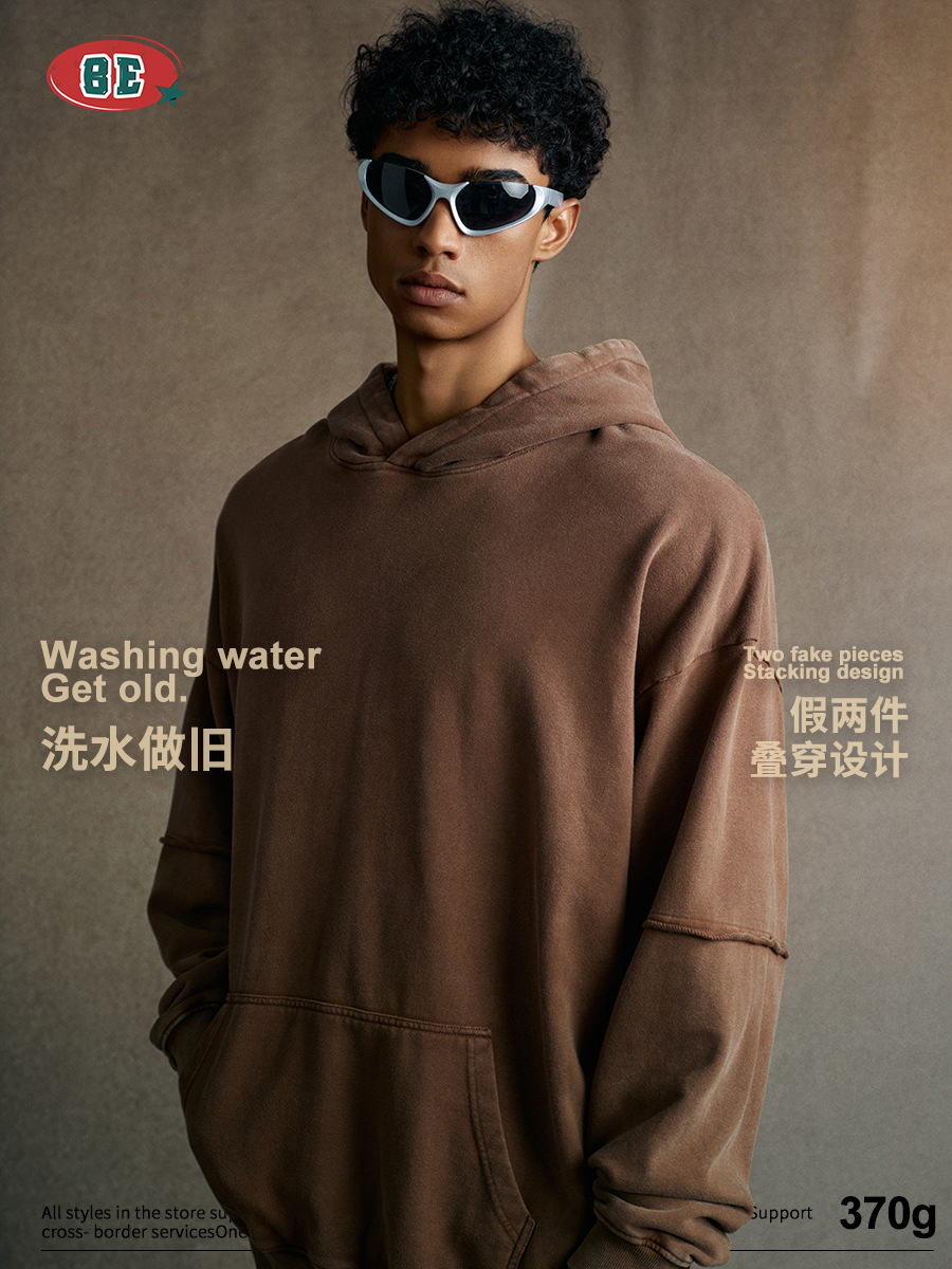 BE Men's Wear 2025 otoño americano pesado costura falsa dos piezas retro viejo copo de nieve frito con felpa suéter con capucha hombre image 1
