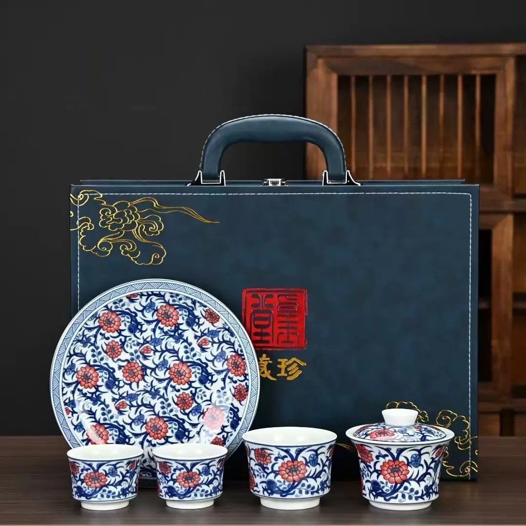 陶瓷盖碗三才泡茶碗薄胎釉里红缠枝莲大号功夫茶杯带盖青花敬茶碗