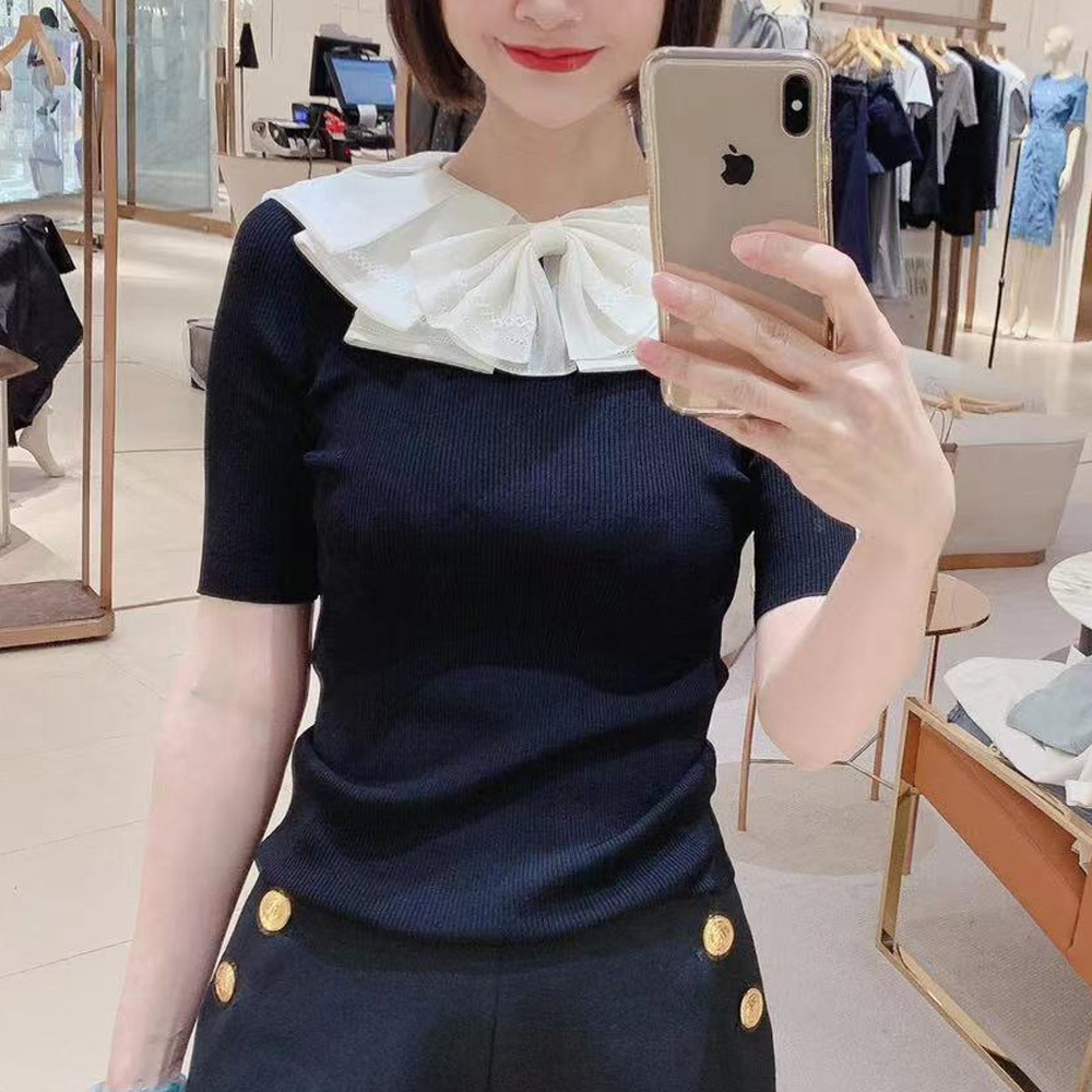 Z家 2024夏季新款甜美系列花边娃娃领蝴蝶结短袖针织衫上衣薄款女