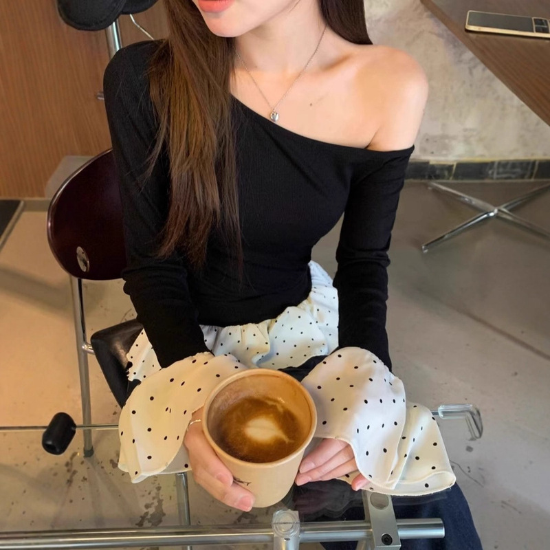 Forever21 French Mesh Splicing Black Slanted Shoulder T-Shirt Women's Autumn Trumpet Long-Sleeved Top Polka Dot Slim Shirt