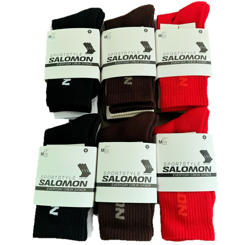 Salomon Outdoor Socks, Sports Tube Socks, Towel Bottom, Men's and Women's Fashionable, Versatile, Casual and Comfortable Three Pairs