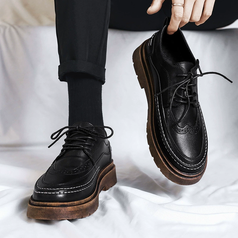 Мужская обувь для костюма из кожи, черная классическая с платформой в английском/британском стиле