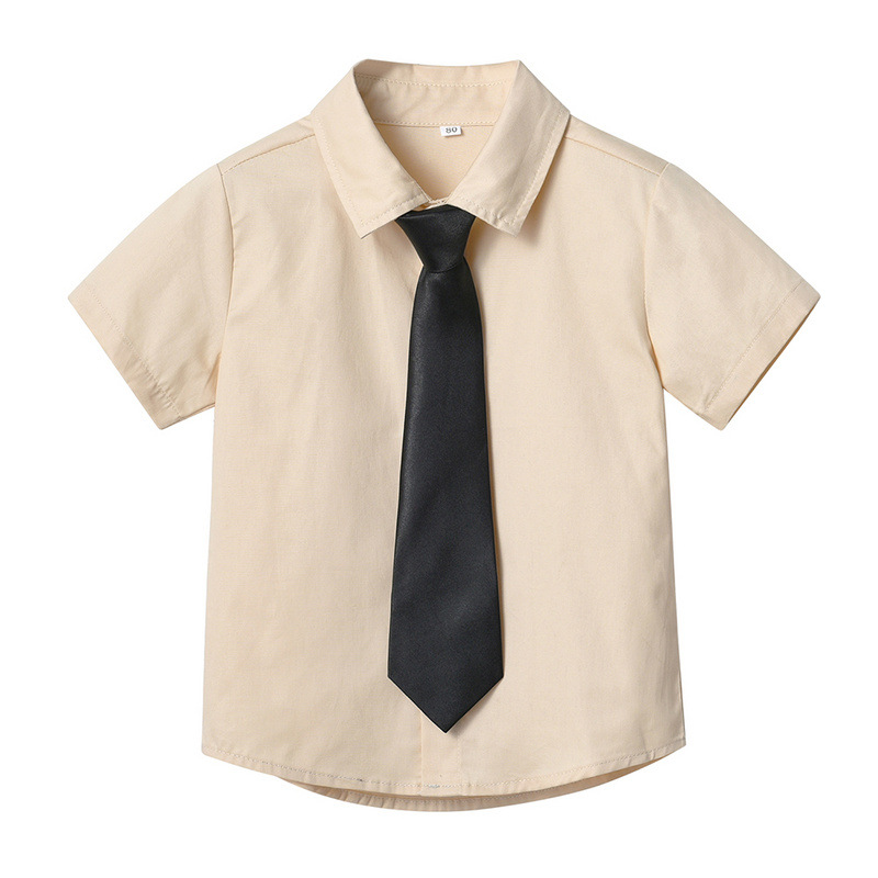 Cárdigan de solapa de manga corta de un solo pecho de verano para niños coreanos, corbata de estilo universitario para niños y niñas, camisa de color caramelo