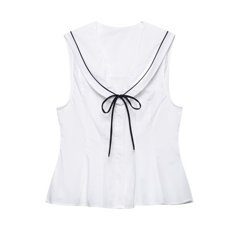 2025 Spring New European and American Cross-border Women's Casual Bow Trim Sleeveless Poplin Top w03 6354