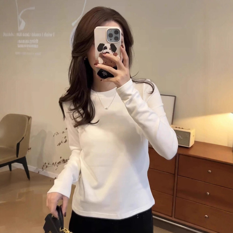 德绒圆领打底衫女可外穿内搭加绒款2025秋冬新款修身纯色长袖上衣|undefined