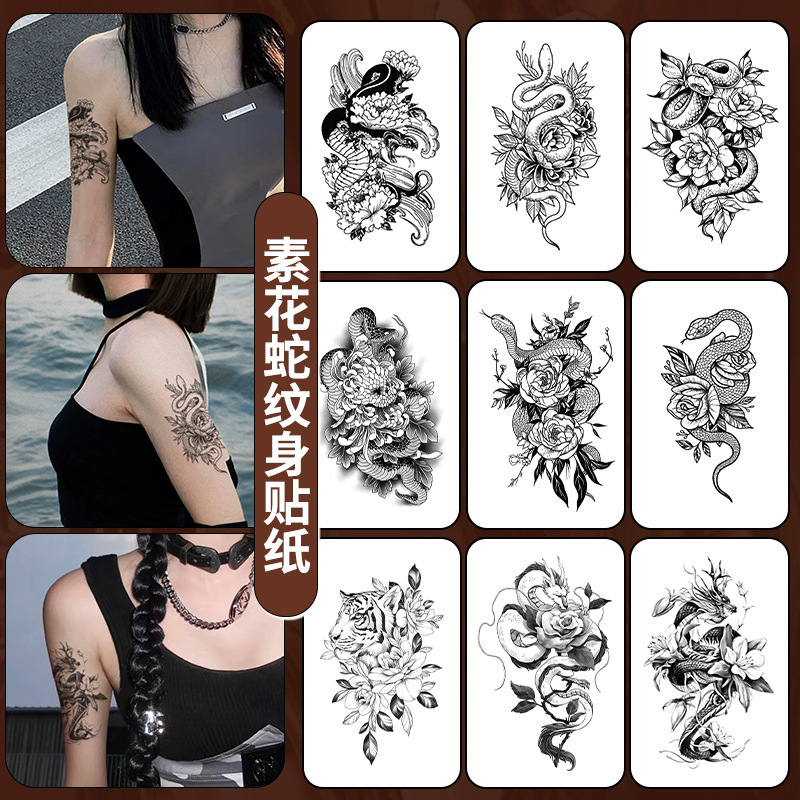 Large Image of a Snake Tattoo Set on Instagram, Dark Floral Arm Tattoo Stickers for Women, Semi-Permanent Realistic Tattoo Color, Non-Fading and Waterproof