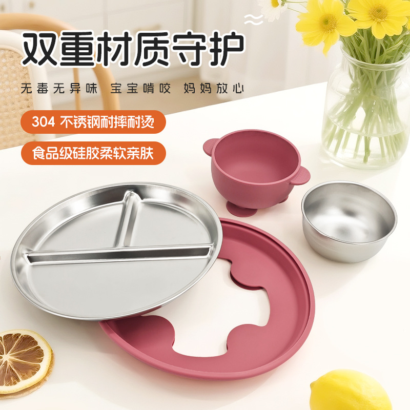 Amazon 304 acero inoxidable silicona platos de platos set cubiertos bebés bebés de silicona bib de grado alimenticio