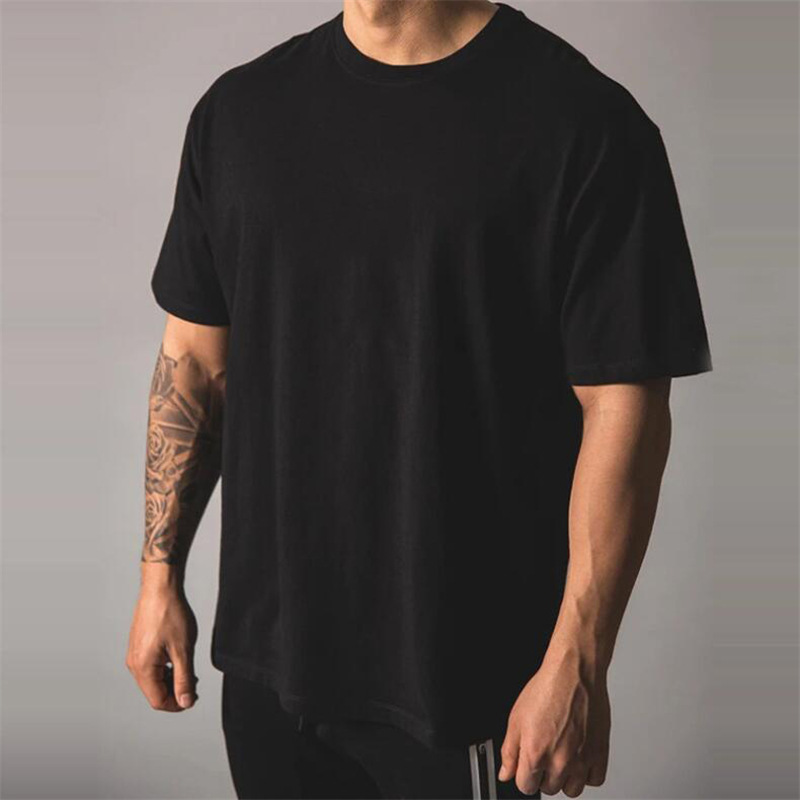 260g Short-Sleeved Men's Fitness T-Shirt Loose Casual Pure Color Heavy Top Round Neck Small Dropped Shoulder Pure Cotton Bottoming Shirt