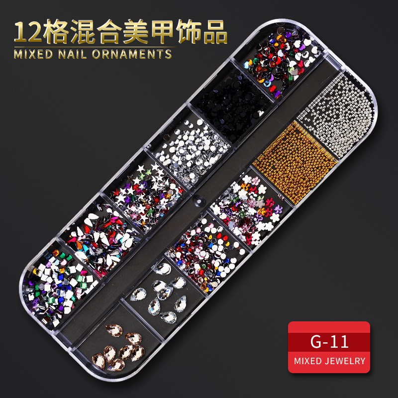 Juego completo transfronterizo de 12 compartimientos de remaches de metal, diamantes de imitación, Xingyue, piezas de concha de diamantes, accesorios para uñas, adornos para uñas